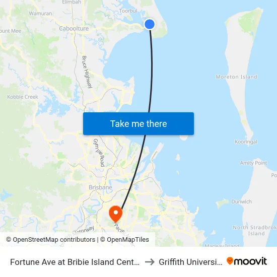 Fortune Ave at Bribie Island Central to Griffith University map