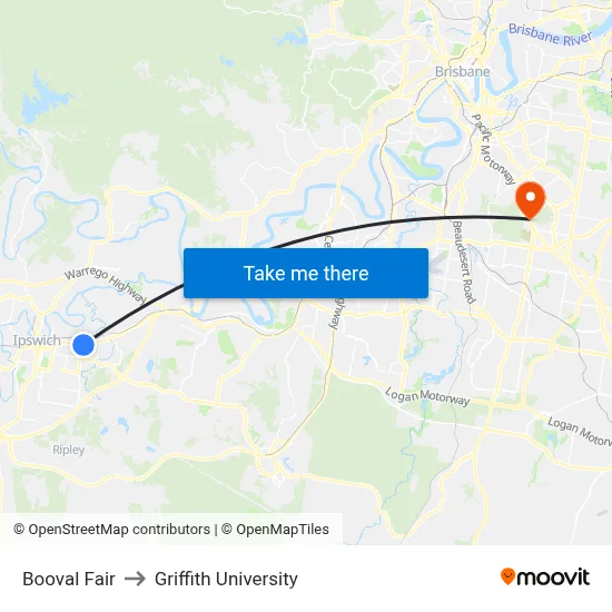 Booval Fair to Griffith University map