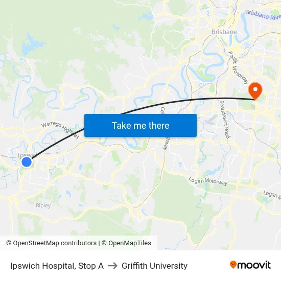 Ipswich Hospital, Stop A to Griffith University map
