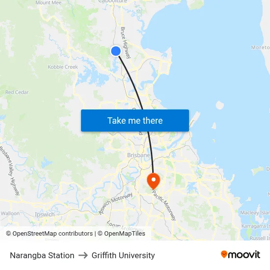 Narangba Station to Griffith University map