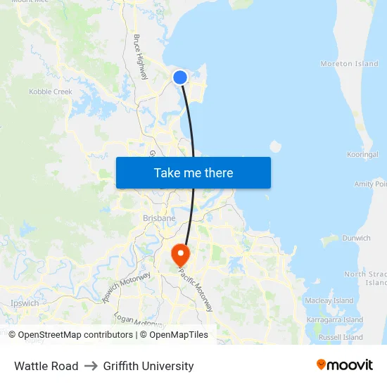 Wattle Road to Griffith University map