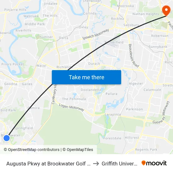 Augusta Pkwy at Brookwater Golf Club to Griffith University map