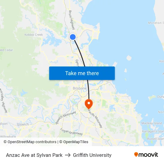 Anzac Ave at Sylvan Park to Griffith University map