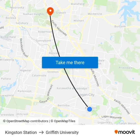 Kingston Station to Griffith University map