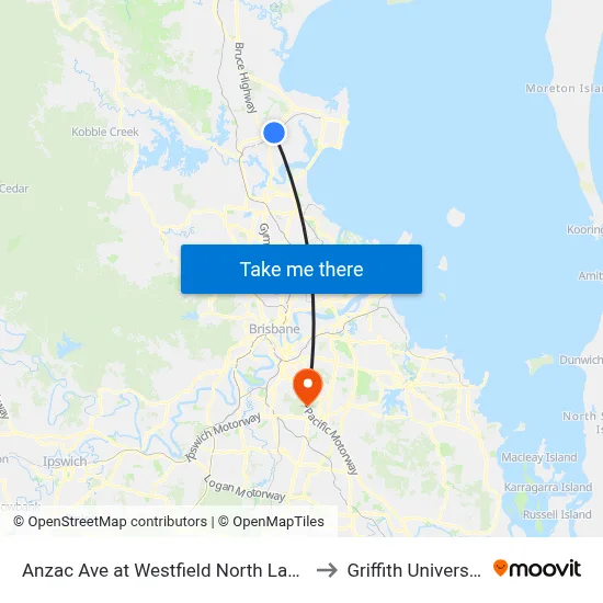 Anzac Ave at Westfield North Lakes to Griffith University map