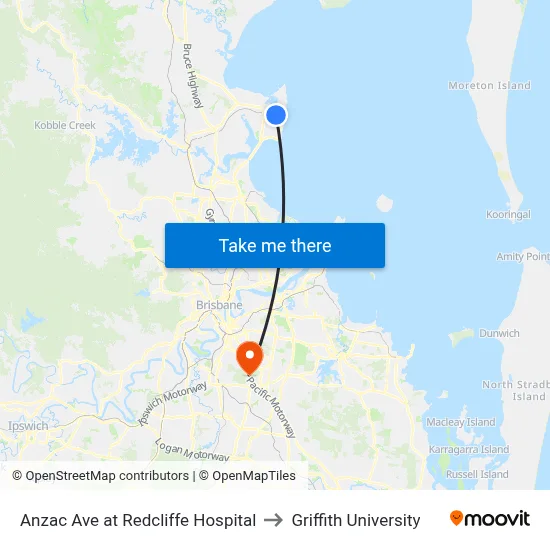 Anzac Ave at Redcliffe Hospital to Griffith University map