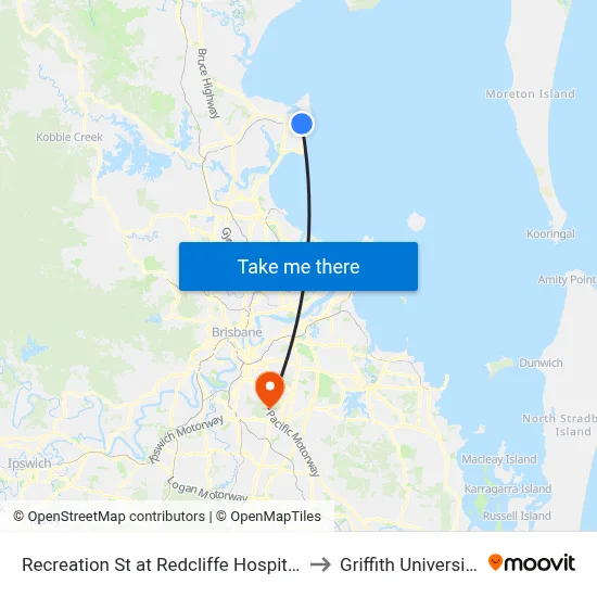 Recreation St at Redcliffe Hospital to Griffith University map