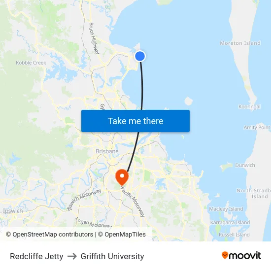 Redcliffe Jetty to Griffith University map