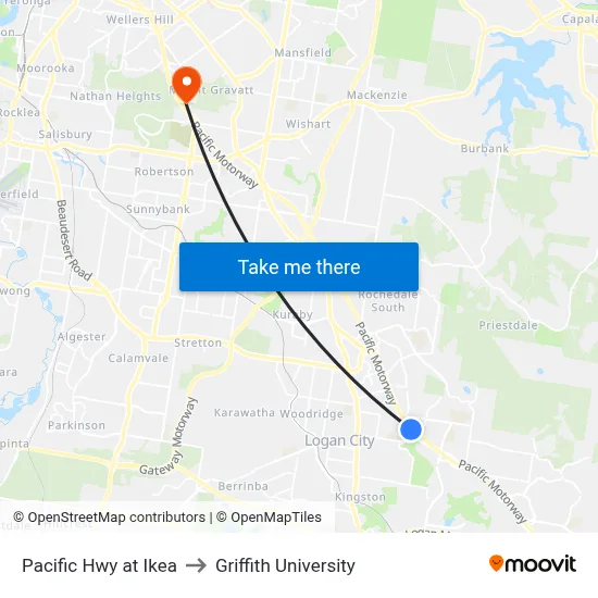 Pacific Hwy at Ikea to Griffith University map