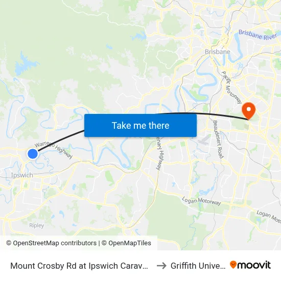 Mount Crosby Rd at Ipswich Caravan Village to Griffith University map