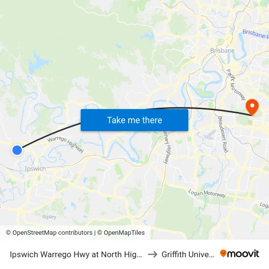 Ipswich Warrego Hwy at North High Street to Griffith University map
