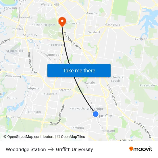 Woodridge Station to Griffith University map