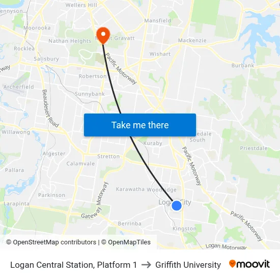 Logan Central Station, Platform 1 to Griffith University map