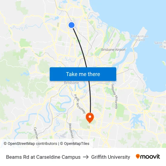 Beams Rd at Carseldine Campus to Griffith University map