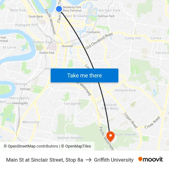 Main St at Sinclair Street, Stop 8a to Griffith University map