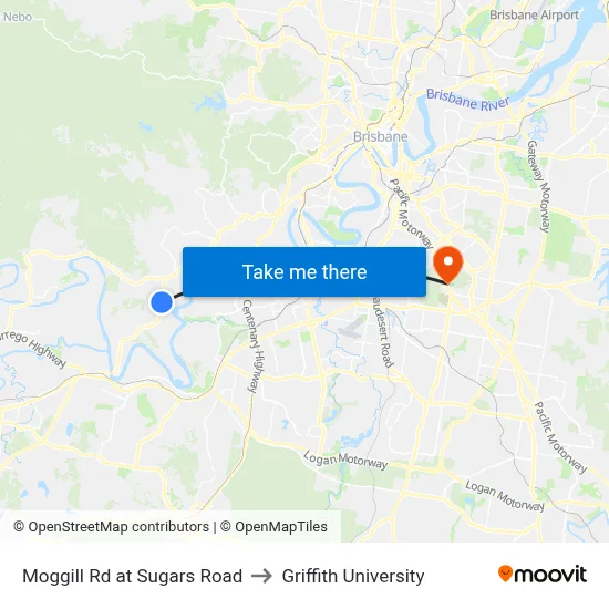 Moggill Rd at Sugars Road to Griffith University map