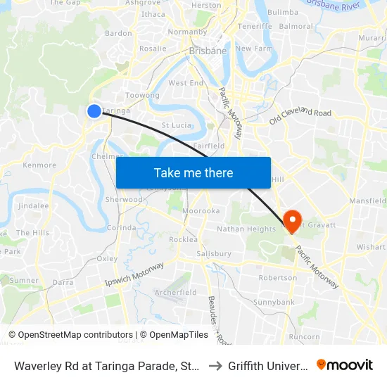 Waverley Rd at Taringa Parade, Stop 27 to Griffith University map