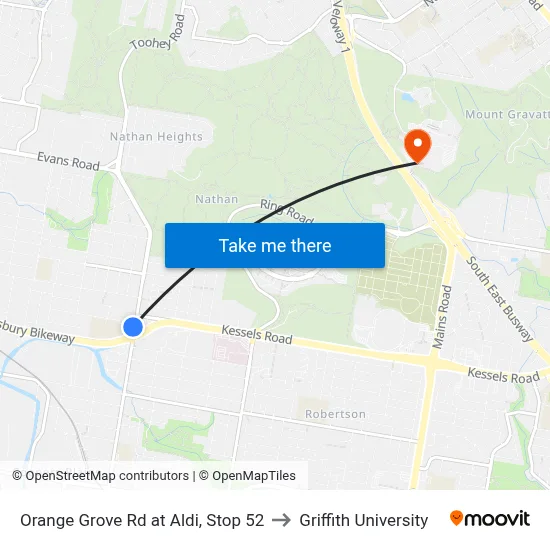 Orange Grove Rd at Aldi, Stop 52 to Griffith University map