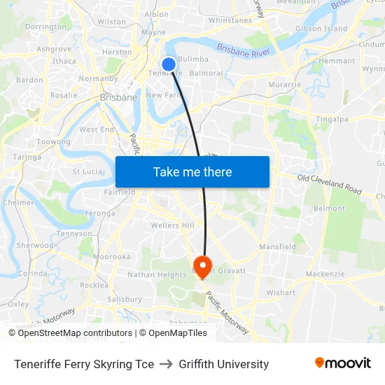 Teneriffe Ferry Skyring Tce to Griffith University map