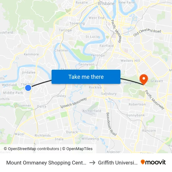 Mount Ommaney Shopping Centre to Griffith University map