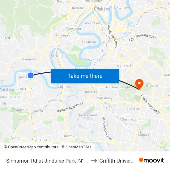 Sinnamon Rd at Jindalee Park 'N' Ride to Griffith University map