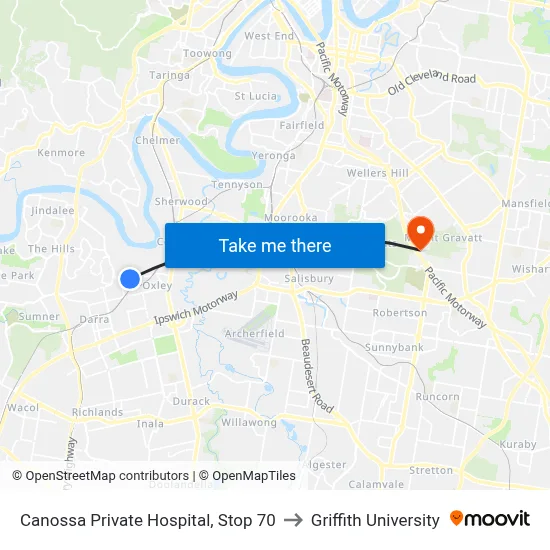 Canossa Private Hospital, Stop 70 to Griffith University map
