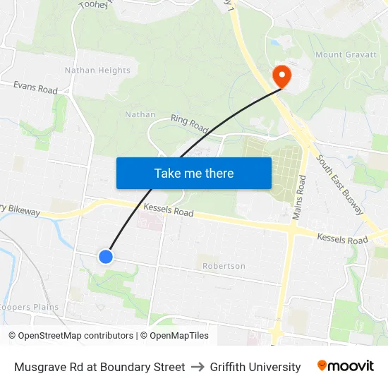Musgrave Rd at Boundary Street to Griffith University map