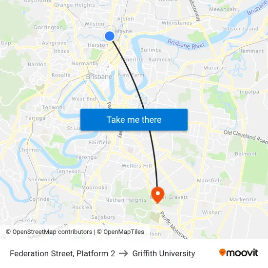 Federation Street, Platform 2 to Griffith University map