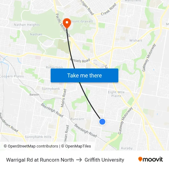 Warrigal Rd at Runcorn North to Griffith University map