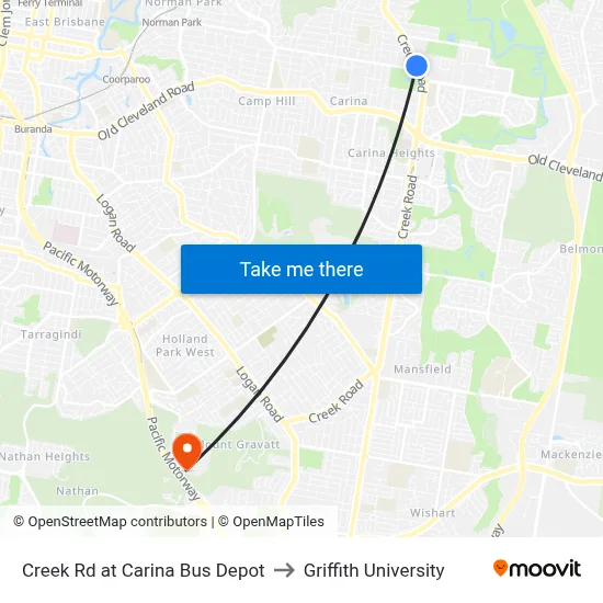 Creek Rd at Carina Bus Depot to Griffith University map