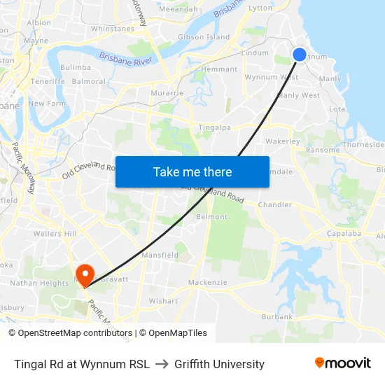 Tingal Rd at Wynnum RSL to Griffith University map