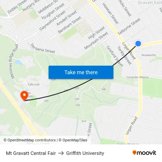 Mt Gravatt Central Fair to Griffith University map