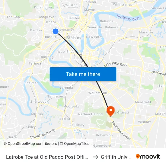 Latrobe Tce at Old Paddo Post Office, Stop 8 to Griffith University map