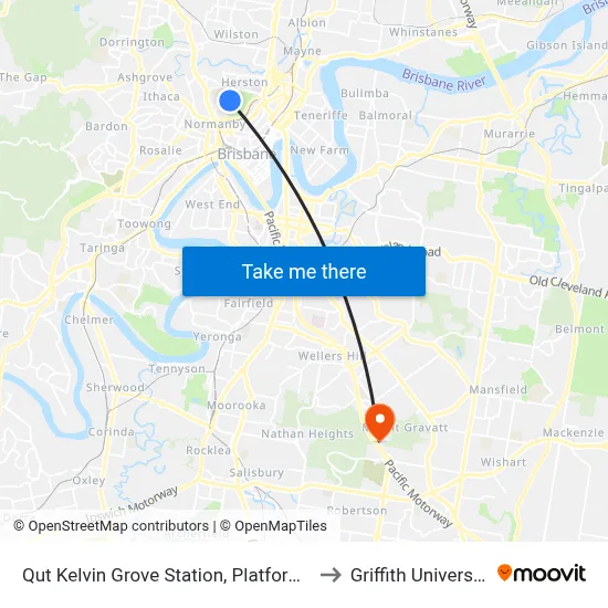 Qut Kelvin Grove Station, Platform 2 to Griffith University map