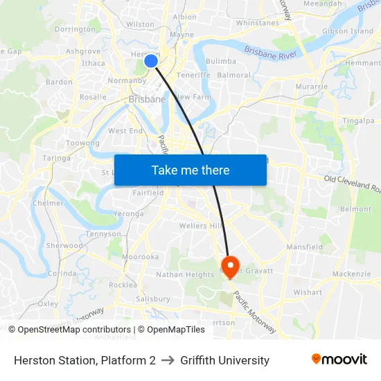 Herston Station, Platform 2 to Griffith University map