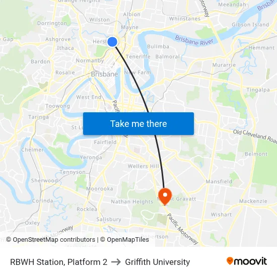 RBWH Station, Platform 2 to Griffith University map