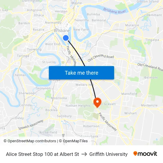 Alice Street Stop 100 at Albert St to Griffith University map