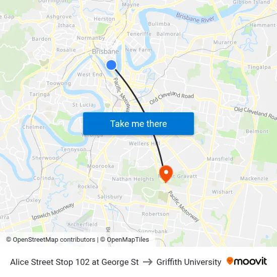 Alice Street Stop 102 at George St to Griffith University map