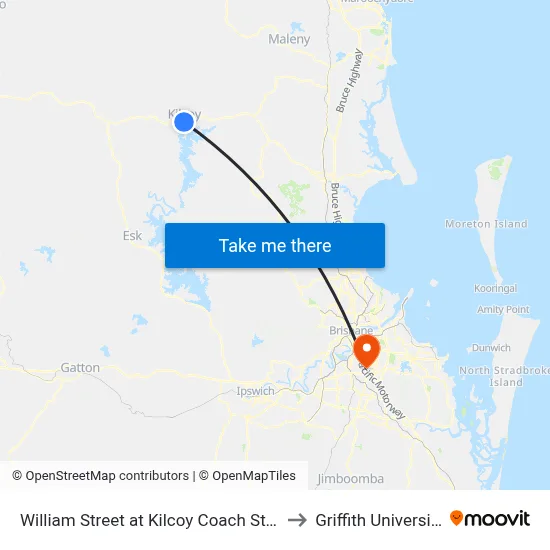 William Street at Kilcoy Coach Stop to Griffith University map
