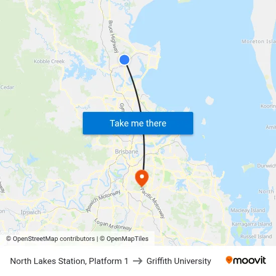 North Lakes Station, Platform 1 to Griffith University map