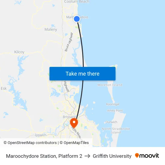 Maroochydore Station, Platform 2 to Griffith University map