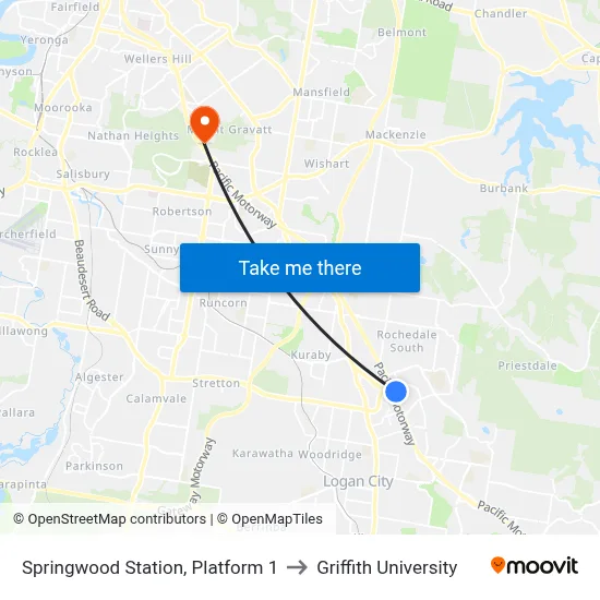 Springwood Station, Platform 1 to Griffith University map
