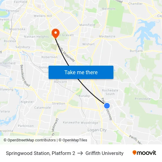 Springwood Station, Platform 2 to Griffith University map