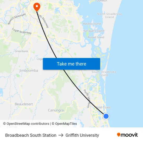 Broadbeach South Station to Griffith University map