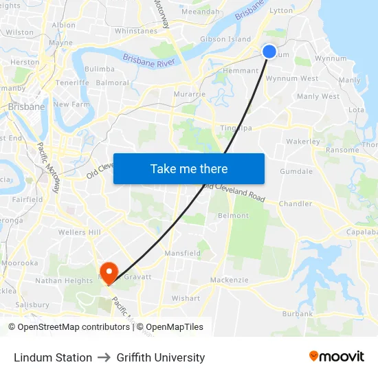 Lindum Station to Griffith University map