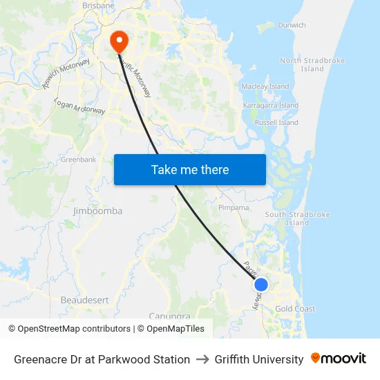 Greenacre Dr at Parkwood Station to Griffith University map