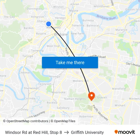 Windsor Rd at Red Hill, Stop 8 to Griffith University map
