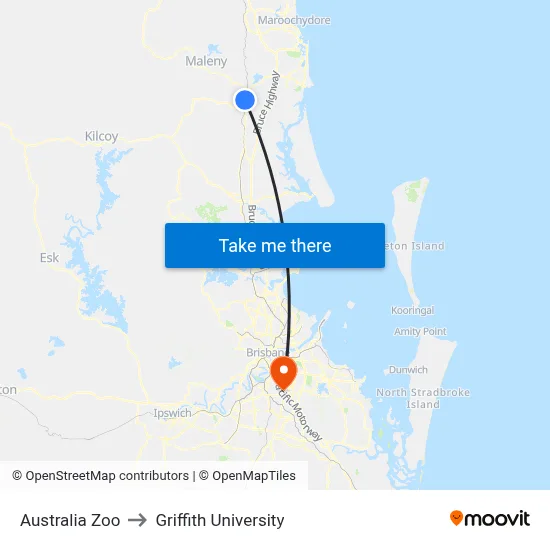 Australia Zoo to Griffith University map