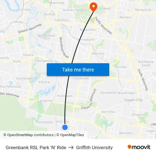Greenbank RSL Park 'N' Ride to Griffith University map