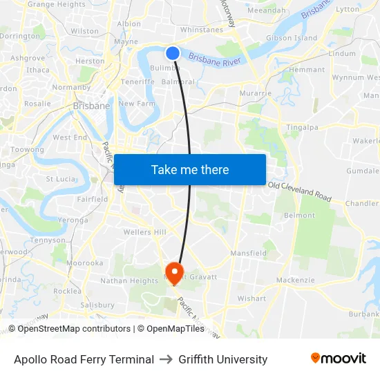 Apollo Road Ferry Terminal to Griffith University map